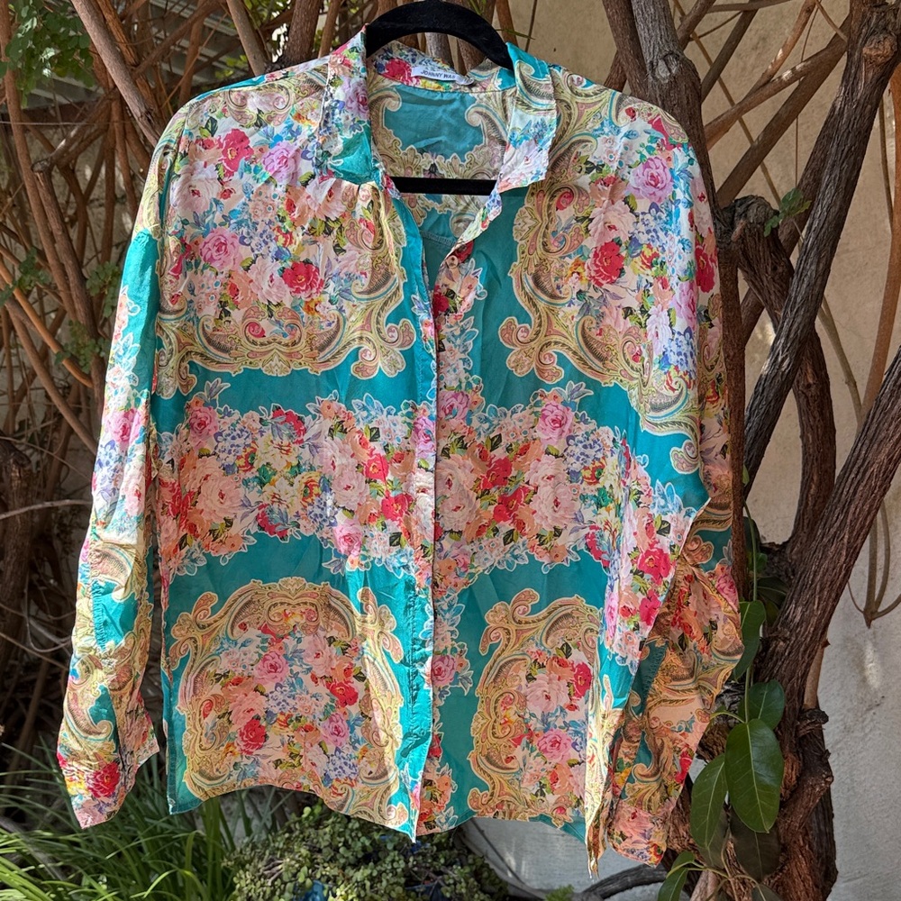 Johnny Was Teal and Pink Floral Blouse